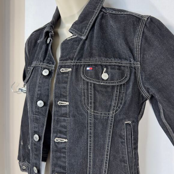 Y2K Tommy Hilfiger Dark Wash Denim Jacket Women’s Small Contrast Stitching - Picture 5 of 16